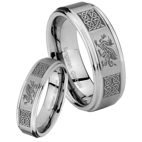His Hers Multiple Dragon Celtic Step Edges Brushed Tungsten Men's Ring Set