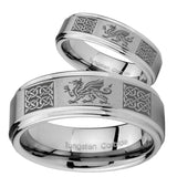 His Hers Multiple Dragon Celtic Step Edges Brushed Tungsten Men's Ring Set