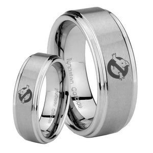 Bride and Groom Ghostbusters Step Edges Brushed Tungsten Men's Bands Ring Set