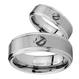 Bride and Groom Ghostbusters Step Edges Brushed Tungsten Men's Bands Ring Set