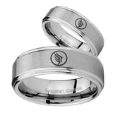 His and Hers Step Edge Mass Effect Tungsten Silver Wedding Rings Set