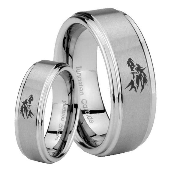 Bride and Groom Wolf Step Edges Brushed Tungsten Mens Engagement Band Set