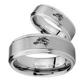 Bride and Groom Wolf Step Edges Brushed Tungsten Mens Engagement Band Set