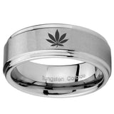 8mm Marijuana Leaf Step Edges Brushed Tungsten Carbide Wedding Band Mens