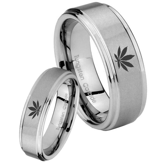 His Hers Marijuana Leaf Step Edges Brushed Tungsten Wedding Engagement Ring Set