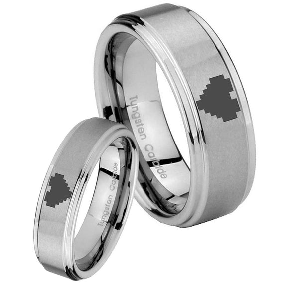 His and Hers Step Edge Zelda Heart Tungsten Silver Wedding Rings Set