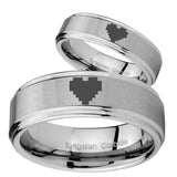 His and Hers Step Edge Zelda Heart Tungsten Silver Wedding Rings Set