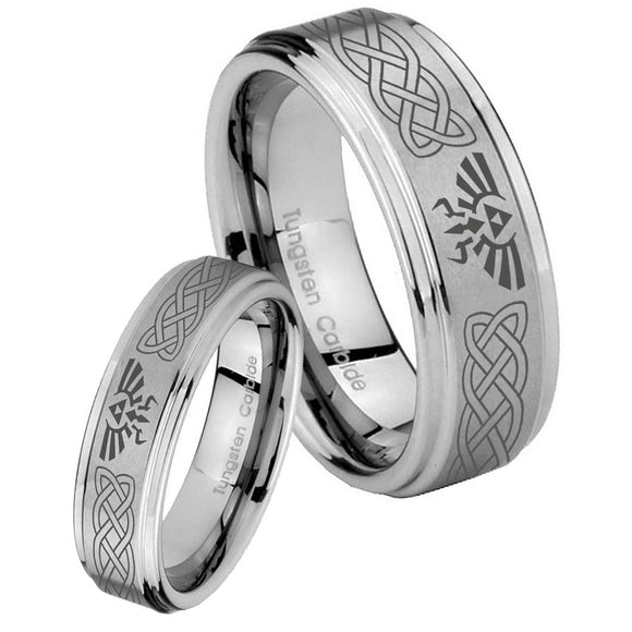 His Hers Celtic Zelda Step Edges Brushed Tungsten Wedding Engraving Ring Set