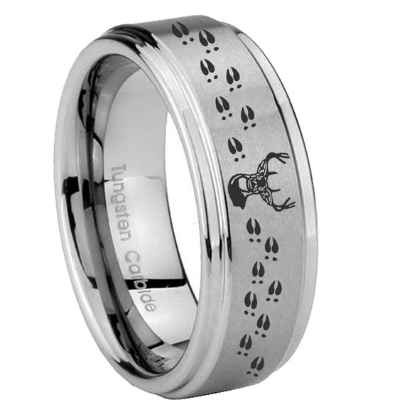 8mm Deer Antler Step Edges Brushed Tungsten Carbide Mens Anniversary Ring