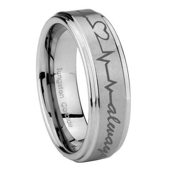 8mm Heart Beat forever Heart always Step Edges Brushed Tungsten Mens Ring