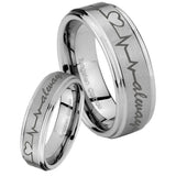 His Hers Heart Beat forever Heart always Step Edges Brushed Tungsten Bands Ring Set