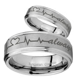 His Hers Heart Beat forever Heart always Step Edges Brushed Tungsten Bands Ring Set