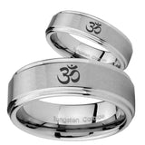 Bride and Groom Om Aum Yoga  Step Edges Brushed Tungsten Custom Mens Ring Set