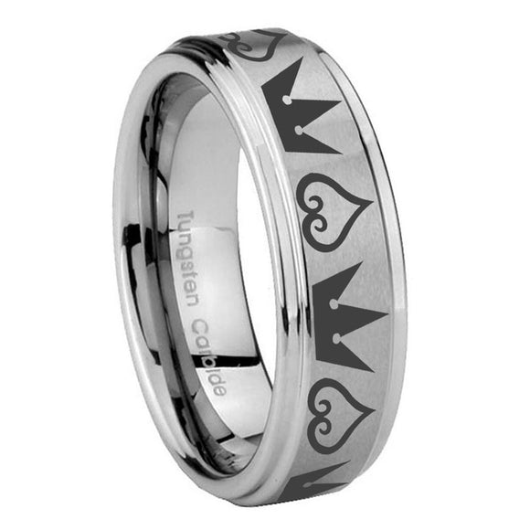 8mm Hearts and Crowns Step Edges Brushed Tungsten Carbide Bands Ring