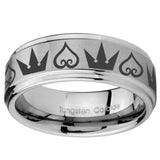 10mm Hearts and Crowns Step Edges Brushed Tungsten Carbide Mens Ring Engraved