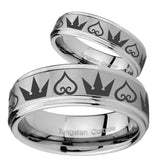 His Hers Hearts and Crowns Step Edges Brushed Tungsten Engagement Ring Set