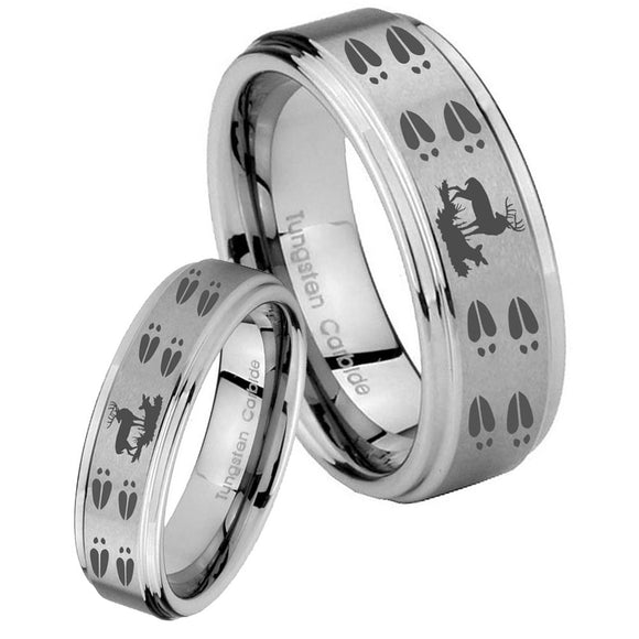 His Hers Deer Hunting Tracks Step Edges Brushed Tungsten Men's Wedding Ring Set