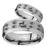 His Hers Deer Hunting Tracks Step Edges Brushed Tungsten Men's Wedding Ring Set