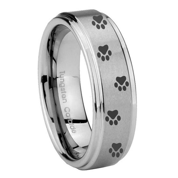 8mm Paw Print Step Edges Brushed Tungsten Carbide Men's Engagement Band