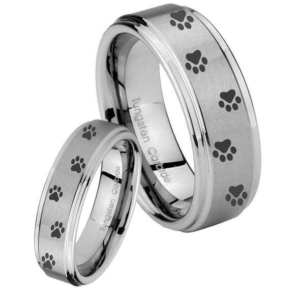 Bride and Groom Paw Print Step Edges Brushed Tungsten Carbide Promise Ring Set