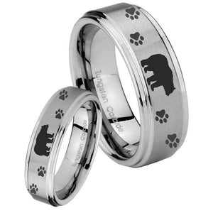 Bride and Groom Bear and Paw Step Edges Brushed Tungsten Rings for Men Set