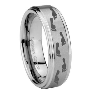 10mm Foot Print Step Edges Brushed Tungsten Carbide Wedding Band Mens