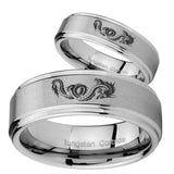 Bride and Groom Dragon Step Edges Brushed Tungsten Wedding Engraving Ring Set