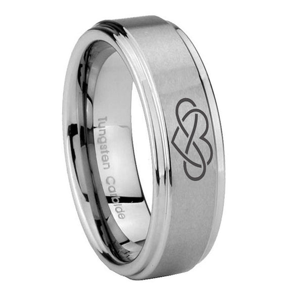 8mm Infinity Love Step Edges Brushed Tungsten Carbide Mens Ring Engraved