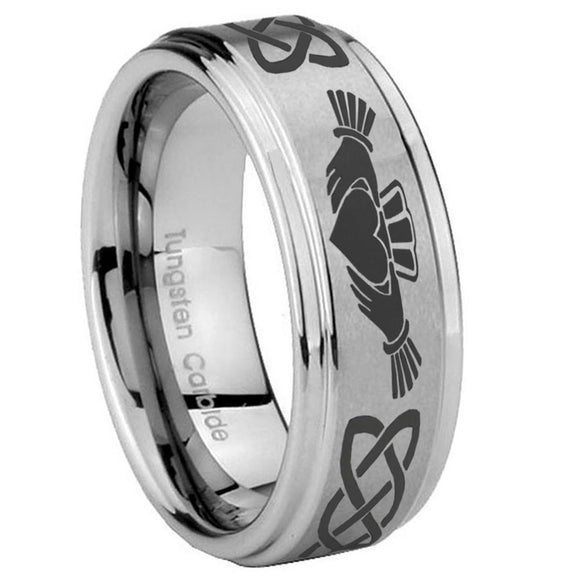 10mm Irish Claddagh Step Edges Brushed Tungsten Carbide Wedding Band Ring