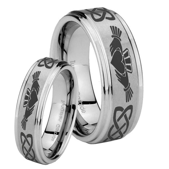 His Hers Irish Claddagh Step Edges Brushed Tungsten Mens Engagement Band Set