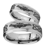 His Hers Irish Claddagh Step Edges Brushed Tungsten Mens Engagement Band Set
