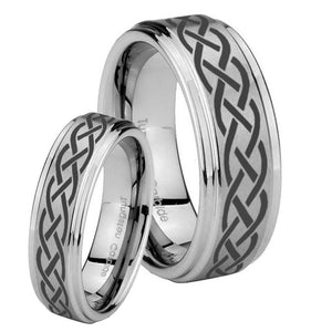 His Hers Celtic Knot Step Edges Brushed Tungsten Men's Wedding Band Set