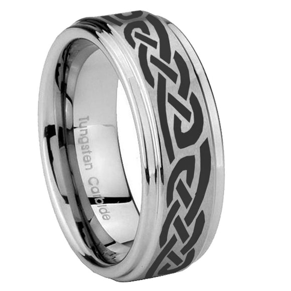 8mm Celtic Knot Infinity Love Step Edges Brushed Tungsten Carbide Mens Anniversary Ring