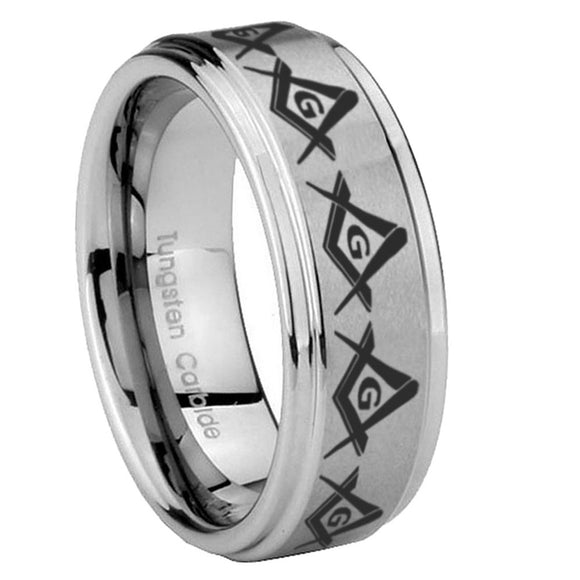 8mm Masonic Square and Compass Step Edges Brushed Tungsten Carbide Mens Anniversary Ring