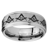 8mm Masonic Square and Compass Step Edges Brushed Tungsten Carbide Mens Anniversary Ring