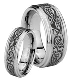 His Hers Celtic Knot Dragon Step Edges Brushed Tungsten Mens Engagement Ring Set