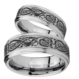His Hers Celtic Knot Dragon Step Edges Brushed Tungsten Mens Engagement Ring Set