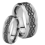 Bride and Groom Celtic Knot Step Edges Brushed Tungsten Mens Promise Ring Set