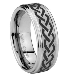 8mm Laser Celtic Knot Step Edges Brushed Tungsten Carbide Mens Anniversary Ring