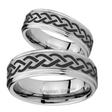 His Hers Laser Celtic Knot Step Edges Brushed Tungsten Men's Wedding Band Set