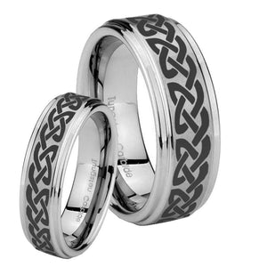 His Hers Celtic Knot Love Step Edges Brushed Tungsten Men's Wedding Band Set