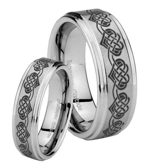 His Hers Celtic Knot Heart Step Edges Brushed Tungsten Men's Wedding Band Set