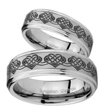 His Hers Celtic Knot Heart Step Edges Brushed Tungsten Men's Wedding Band Set