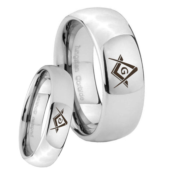 Bride and Groom Freemason Masonic Mirror Dome Tungsten Carbide Bands Ring Set