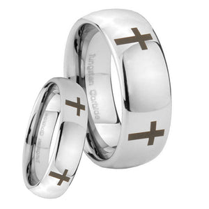 Bride and Groom Crosses Mirror Dome Tungsten Carbide Custom Mens Ring Set