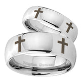 Bride and Groom Crosses Mirror Dome Tungsten Carbide Custom Mens Ring Set