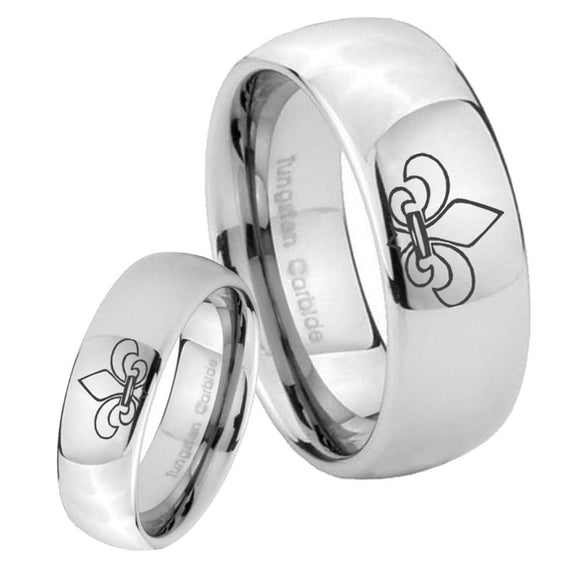 His and Hers Fleur De Lis Mirror Dome Tungsten Mens Ring Personalized Set
