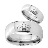 His and Hers Fleur De Lis Mirror Dome Tungsten Mens Ring Personalized Set