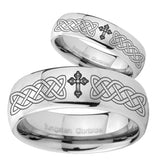 Bride and Groom Celtic Cross Mirror Dome Tungsten Carbide Men's Ring Set