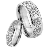 Bride and Groom Celtic Knot Mirror Dome Tungsten Carbide Mens Ring Engraved Set